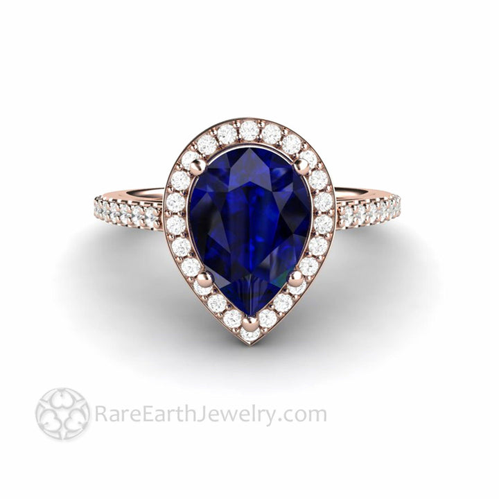 Large Pear Cut Blue Sapphire Engagement Ring Pave Diamond Halo - Rare Earth Jewelry