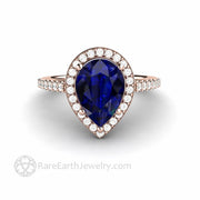 Blue Sapphire 14K Rose Gold Halo Engagement Ring Teardrop Shape Stone