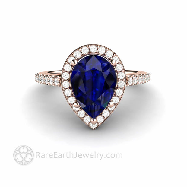 Blue Sapphire 14K Rose Gold Halo Engagement Ring Teardrop Shape Stone