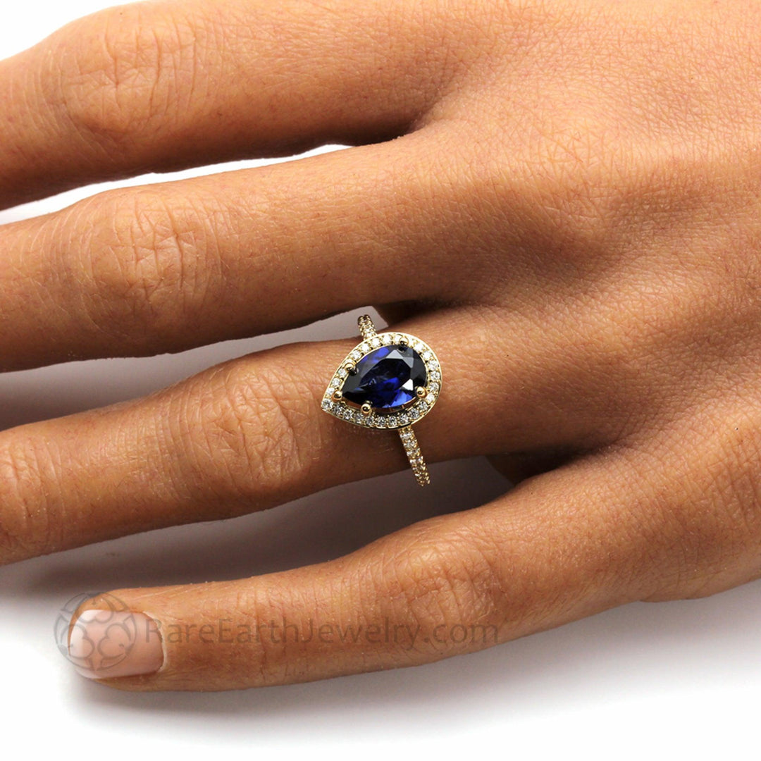 Large Pear Cut Blue Sapphire Engagement Ring Pave Diamond Halo - Rare Earth Jewelry