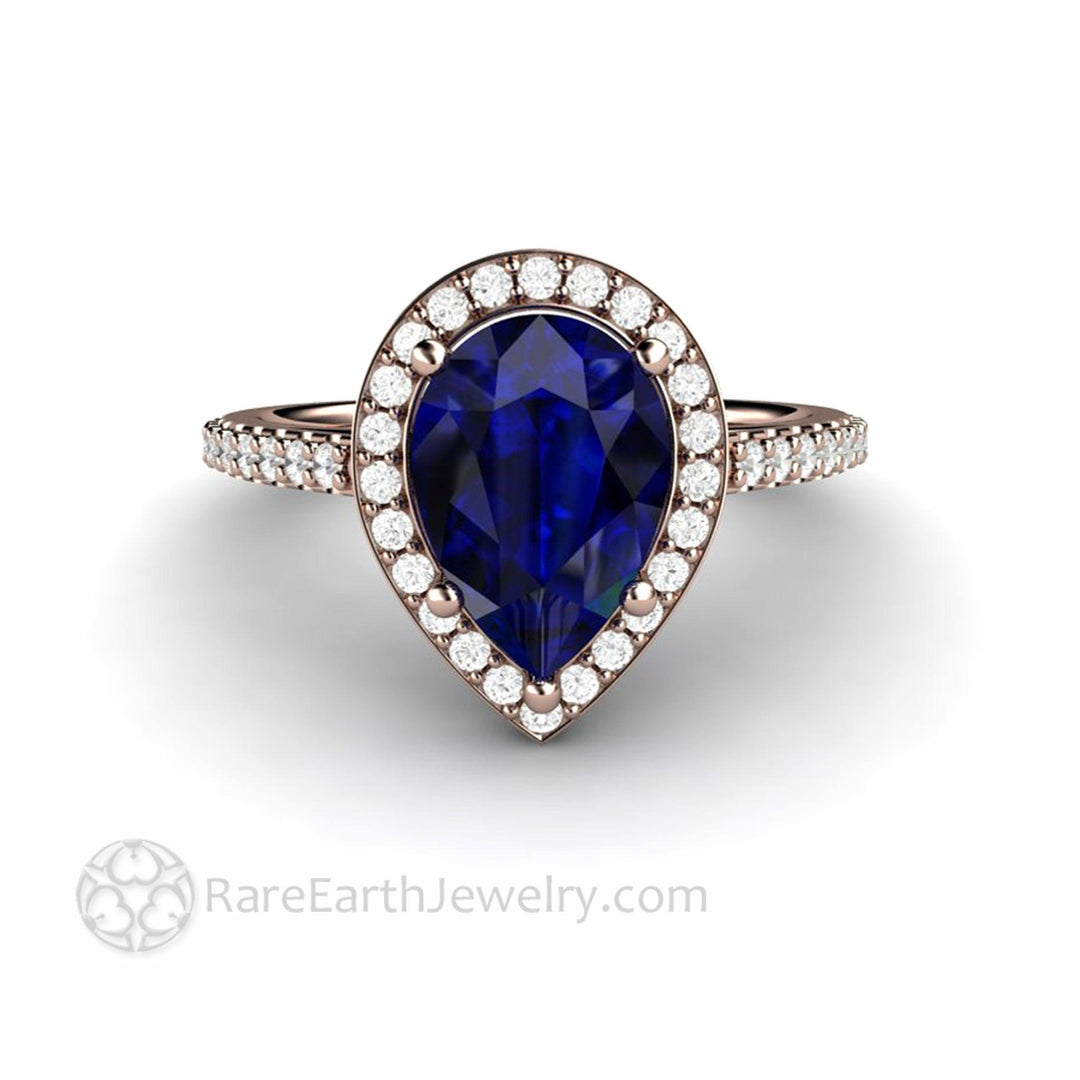 Large Pear Cut Blue Sapphire Engagement Ring Pave Diamond Halo - Rare Earth Jewelry