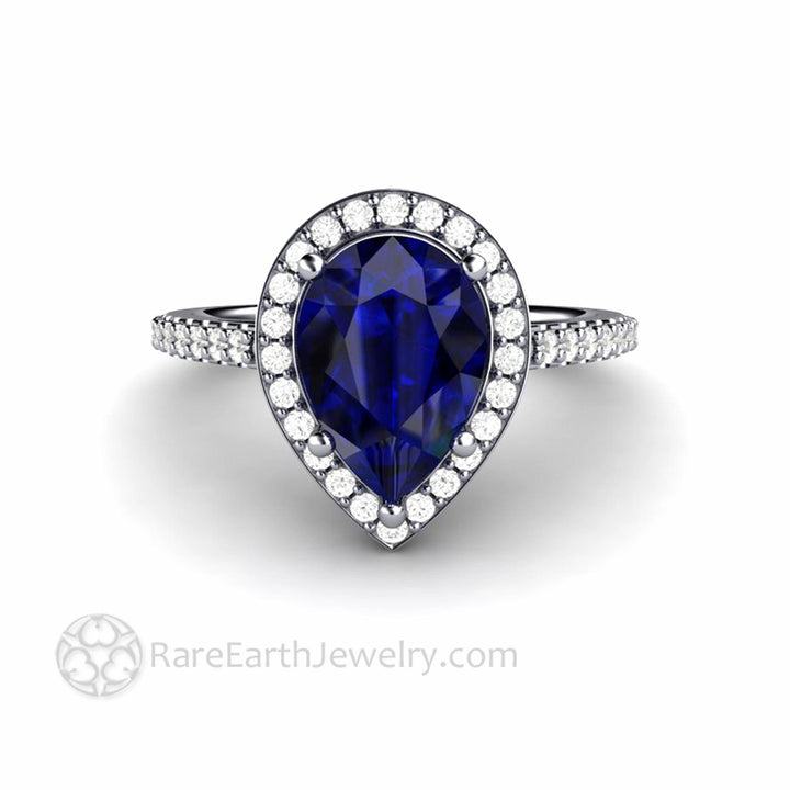 Large Pear Cut Blue Sapphire Engagement Ring Pave Diamond Halo - Rare Earth Jewelry