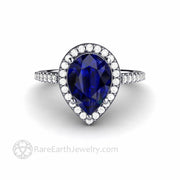 Large Pear Cut Blue Sapphire Engagement Ring Pave Diamond Halo Platinum - Engagement Only - Rare Earth Jewelry