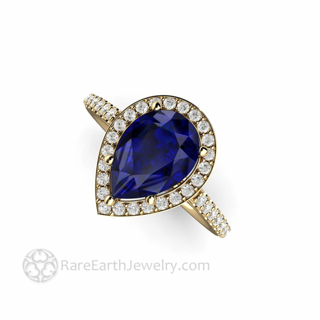 Large Pear Cut Blue Sapphire Engagement Ring Pave Diamond Halo - Rare Earth Jewelry