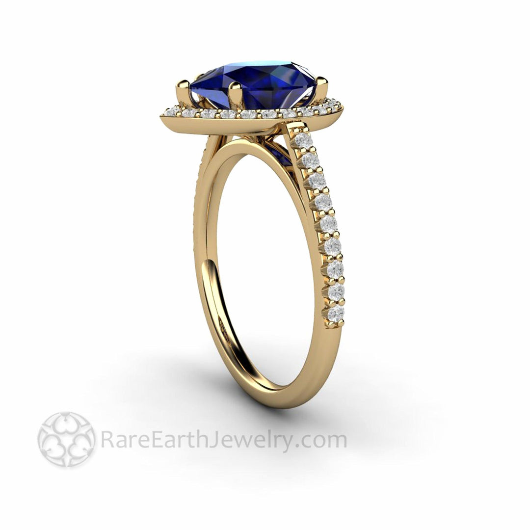 Large Pear Cut Blue Sapphire Engagement Ring Pave Diamond Halo - Rare Earth Jewelry