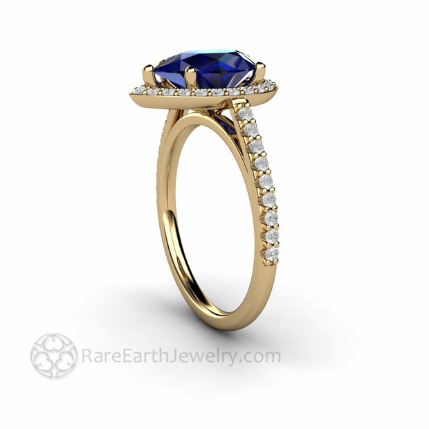 Large Pear Cut Blue Sapphire Engagement Ring Pave Diamond Halo 14K Yellow Gold - Engagement Only - Rare Earth Jewelry