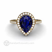 Large Pear Cut Blue Sapphire Engagement Ring Pave Diamond Halo 18K Yellow Gold - Engagement Only - Rare Earth Jewelry