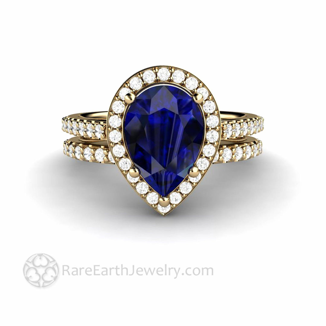 Large Pear Cut Blue Sapphire Engagement Ring Pave Diamond Halo - Rare Earth Jewelry