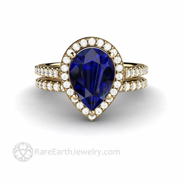 Large Pear Cut Blue Sapphire Engagement Ring Pave Diamond Halo 14K Yellow Gold - Wedding Set - Rare Earth Jewelry