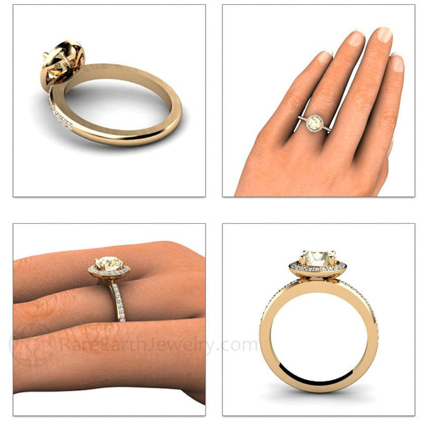 Lemon Citrine Ring with Diamond Halo Lemon Quartz Engagement Ring 18K Yellow Gold - Rare Earth Jewelry