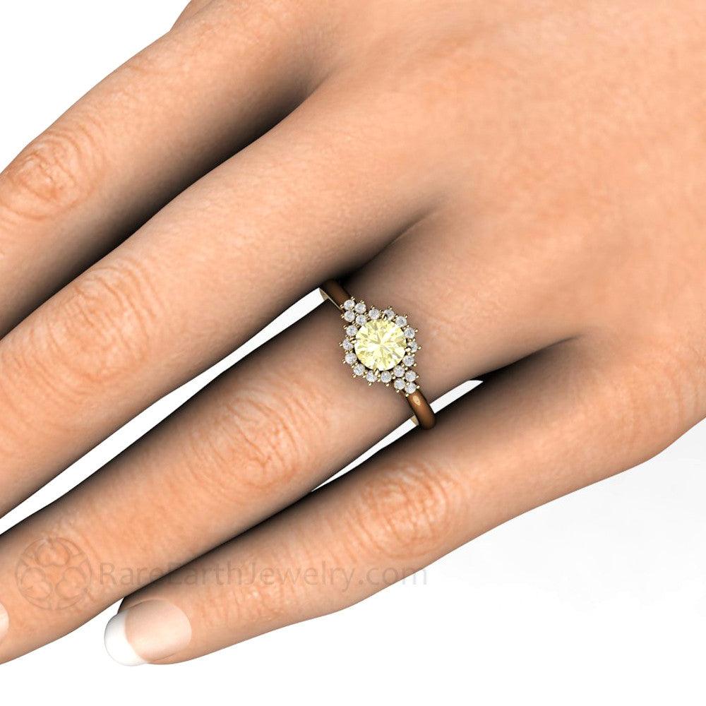 Lemon Yellow Sapphire Engagement Ring Vintage Cluster with Diamonds - Rare Earth Jewelry