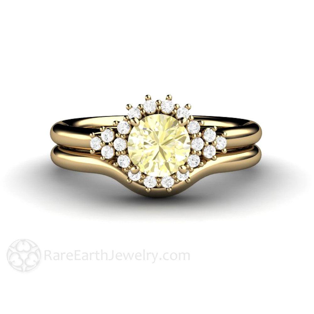 Lemon Yellow Sapphire Engagement Ring Vintage Cluster with Diamonds - Rare Earth Jewelry