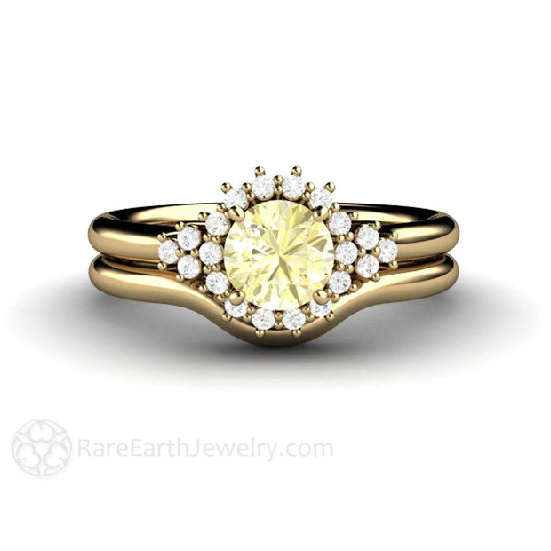 Lemon Yellow Sapphire Engagement Ring Vintage Cluster with Diamonds 14K Yellow Gold - Wedding Set - Rare Earth Jewelry