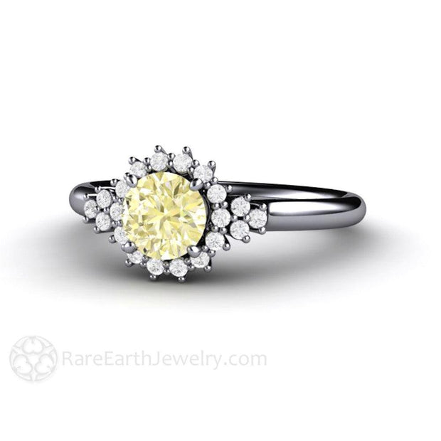 Lemon Yellow Sapphire Engagement Ring Vintage Cluster with Diamonds Platinum - Engagement Only - Rare Earth Jewelry