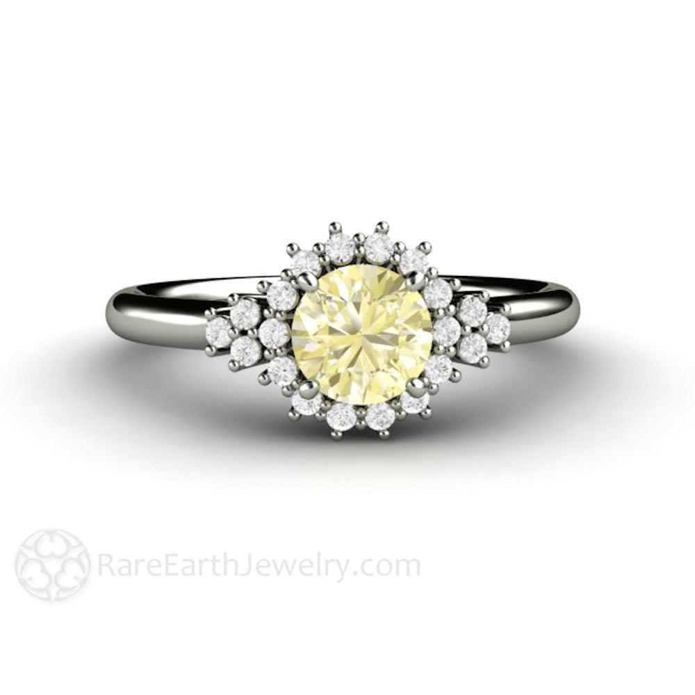 Lemon Yellow Sapphire Engagement Ring Vintage Cluster with Diamonds - Rare Earth Jewelry