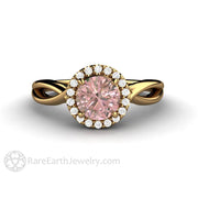 Light Pink Sapphire Engagement Ring with Diamond Halo Infinity Design Split Shank 18K Yellow Gold - Rare Earth Jewelry