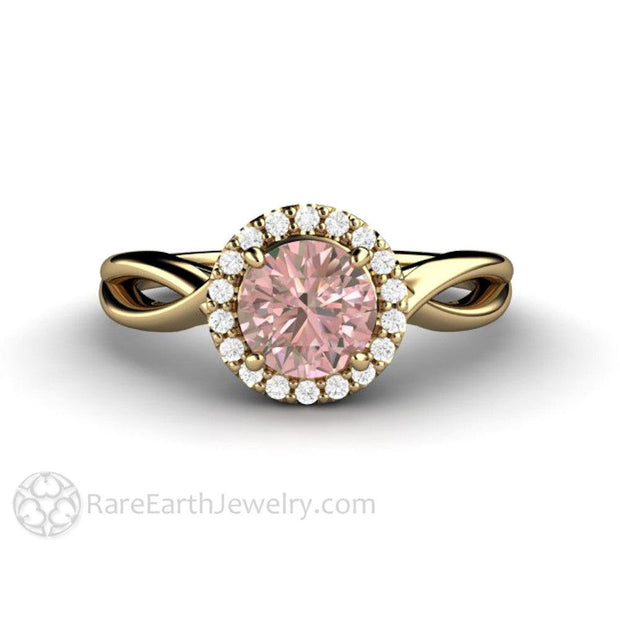 Light Pink Sapphire Engagement Ring with Diamond Halo Infinity Design Split Shank 14K Yellow Gold - Rare Earth Jewelry