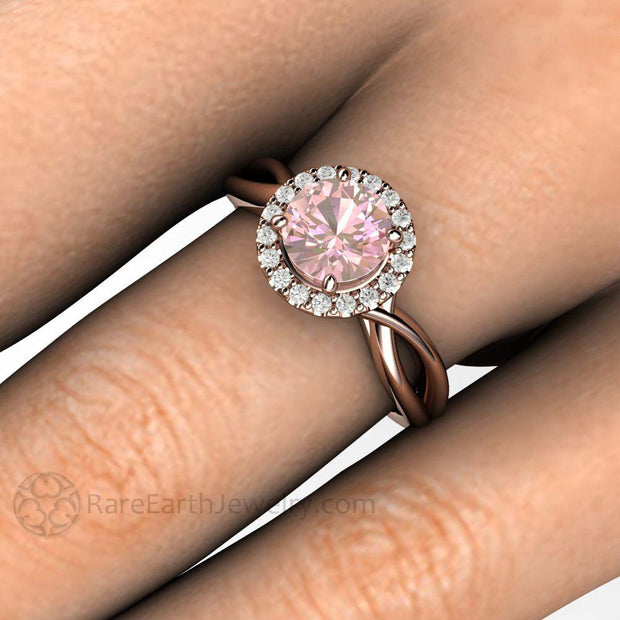 Light Pink Sapphire Engagement Ring with Diamond Halo Infinity Design Split Shank 14K Rose Gold - Rare Earth Jewelry