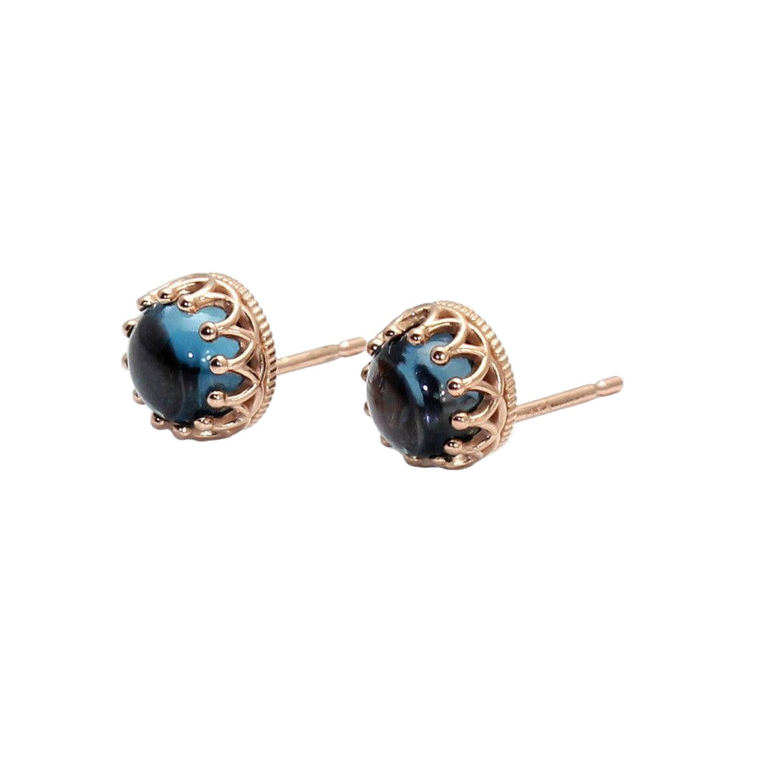 London Blue Topaz Earrings | 14K Gold Crown Studs December Birthstone, Rare Earth Jewelry