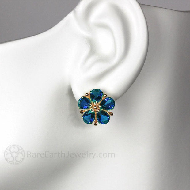 London Blue Topaz Earrings 14K Gold Flower Earrings December Birthstone 14K Rose Gold - Rare Earth Jewelry