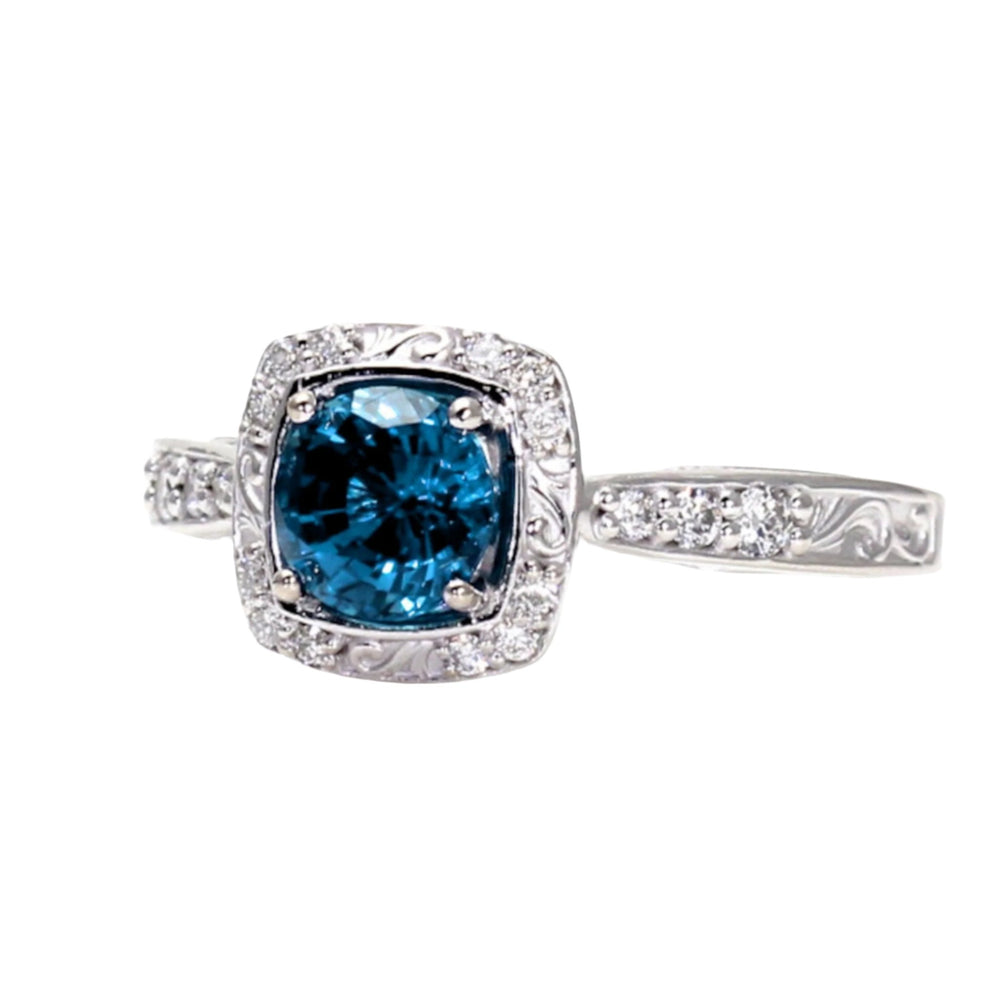 Art Deco Inspired London Blue Topaz Engagement Ring with Diamond Accents and Intricate Scrollwork Details | December Birthstone Engagement Ring | Rare Earth Jewelry