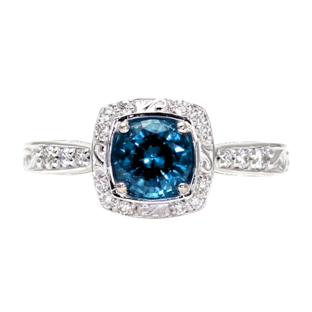 Vintage Style London Blue Topaz Engagement Ring with Diamond Halo and Filigree in White Gold | Rare Earth Jewelry