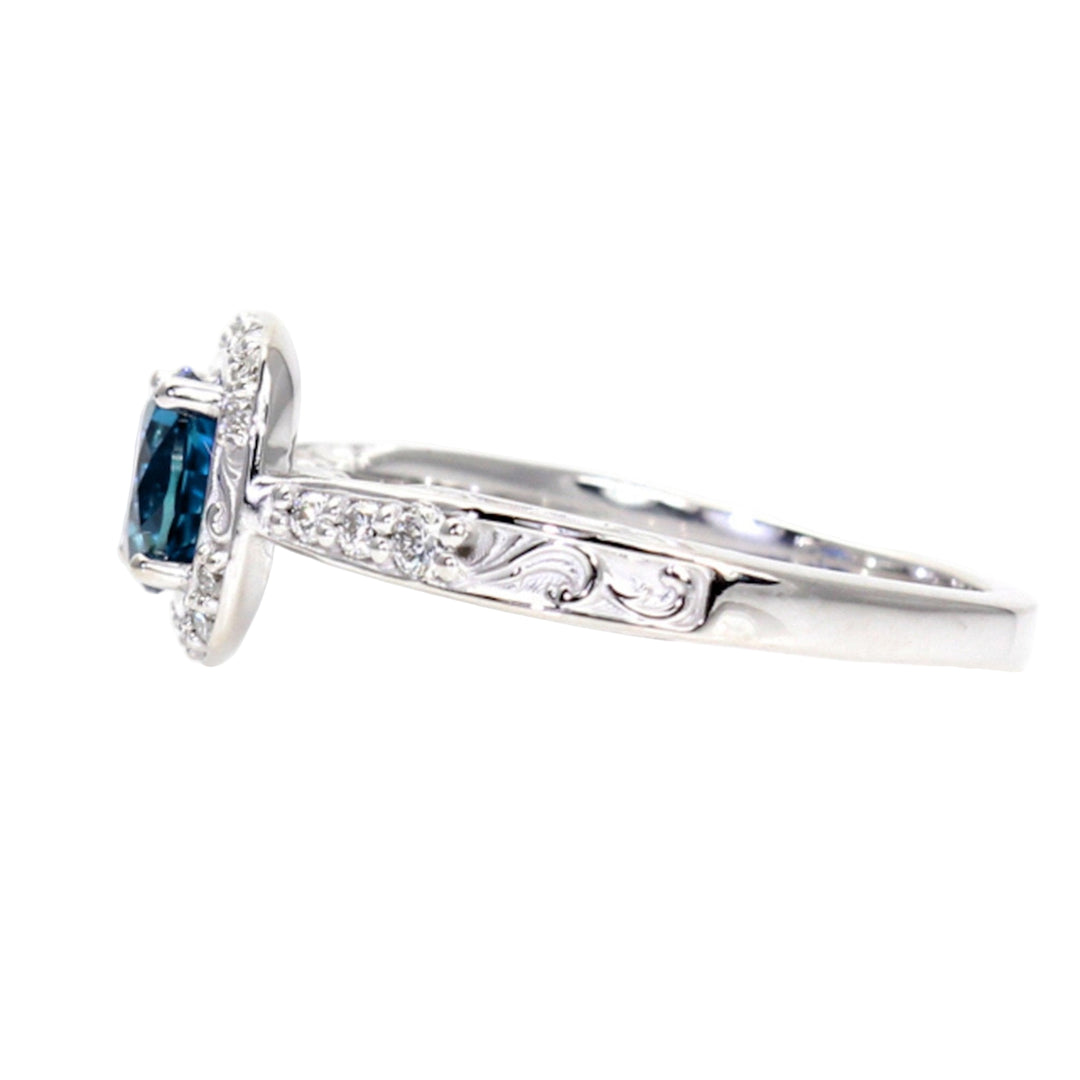 Art Deco Inspired London Blue Topaz Ring with Diamond Accents and Intricate Scrollwork Details | Handmade Engagement Ring