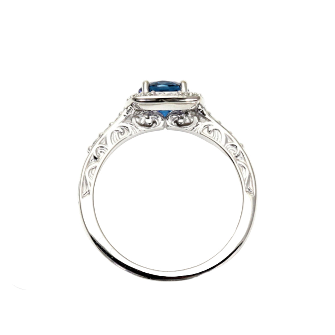 White Gold London Blue Topaz Ring with Antique Art Deco Style Filigree and Milgrain Detailing | Rare Earth Jewelry