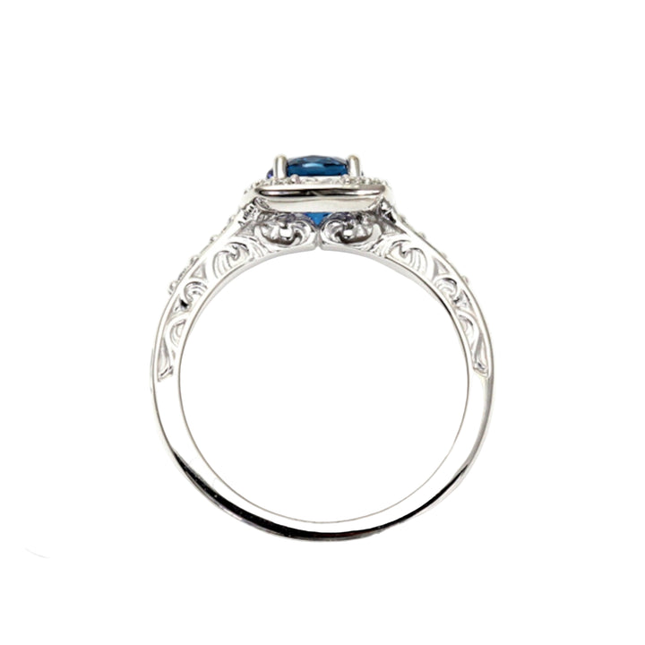 White Gold London Blue Topaz Ring with Antique Art Deco Style Filigree and Milgrain Detailing | Rare Earth Jewelry