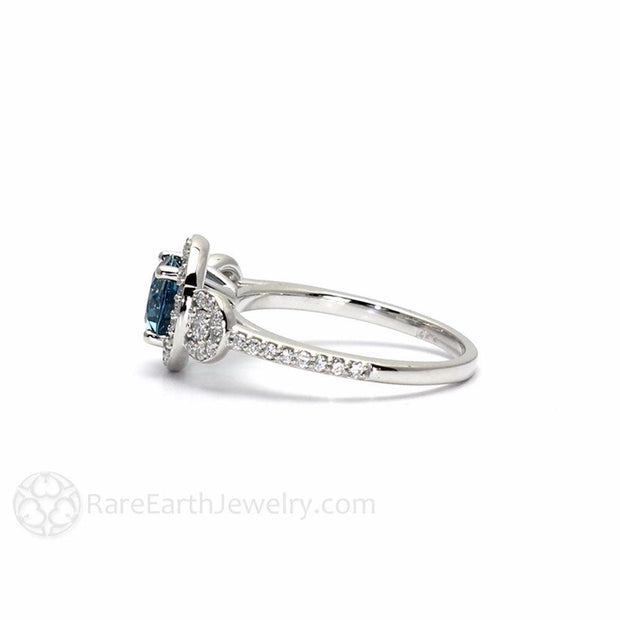 London Blue Topaz Ring 3 Stone Diamond Halo Blue Topaz Engagement Ring 14K White Gold - Rare Earth Jewelry