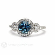 London Blue Topaz Engagement Ring 3 Stone Diamond Halo