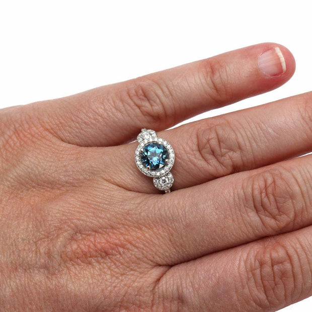 London Blue Topaz Ring 3 Stone Diamond Halo Blue Topaz Engagement Ring 14K White Gold - Rare Earth Jewelry