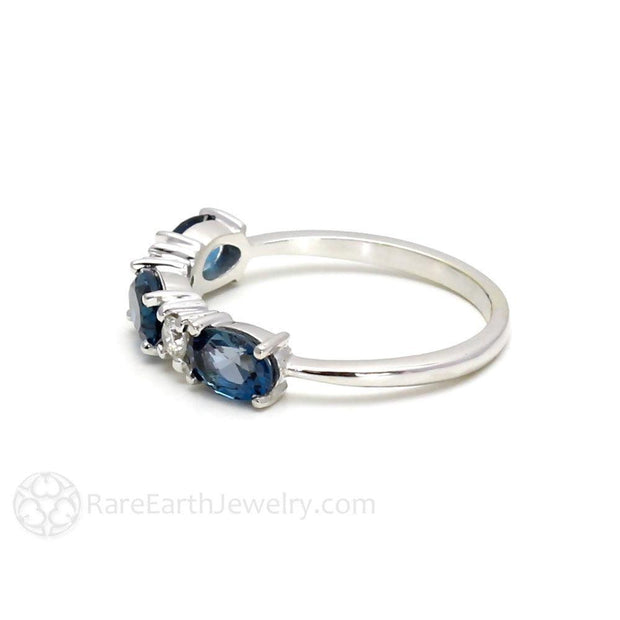 London Blue Topaz Ring East West Anniversary Band with Diamonds December Birthstone 14K White Gold - Rare Earth Jewelry