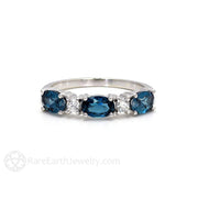 London Blue Topaz Ring East West Anniversary Band with Diamonds December Birthstone 14K White Gold - Rare Earth Jewelry