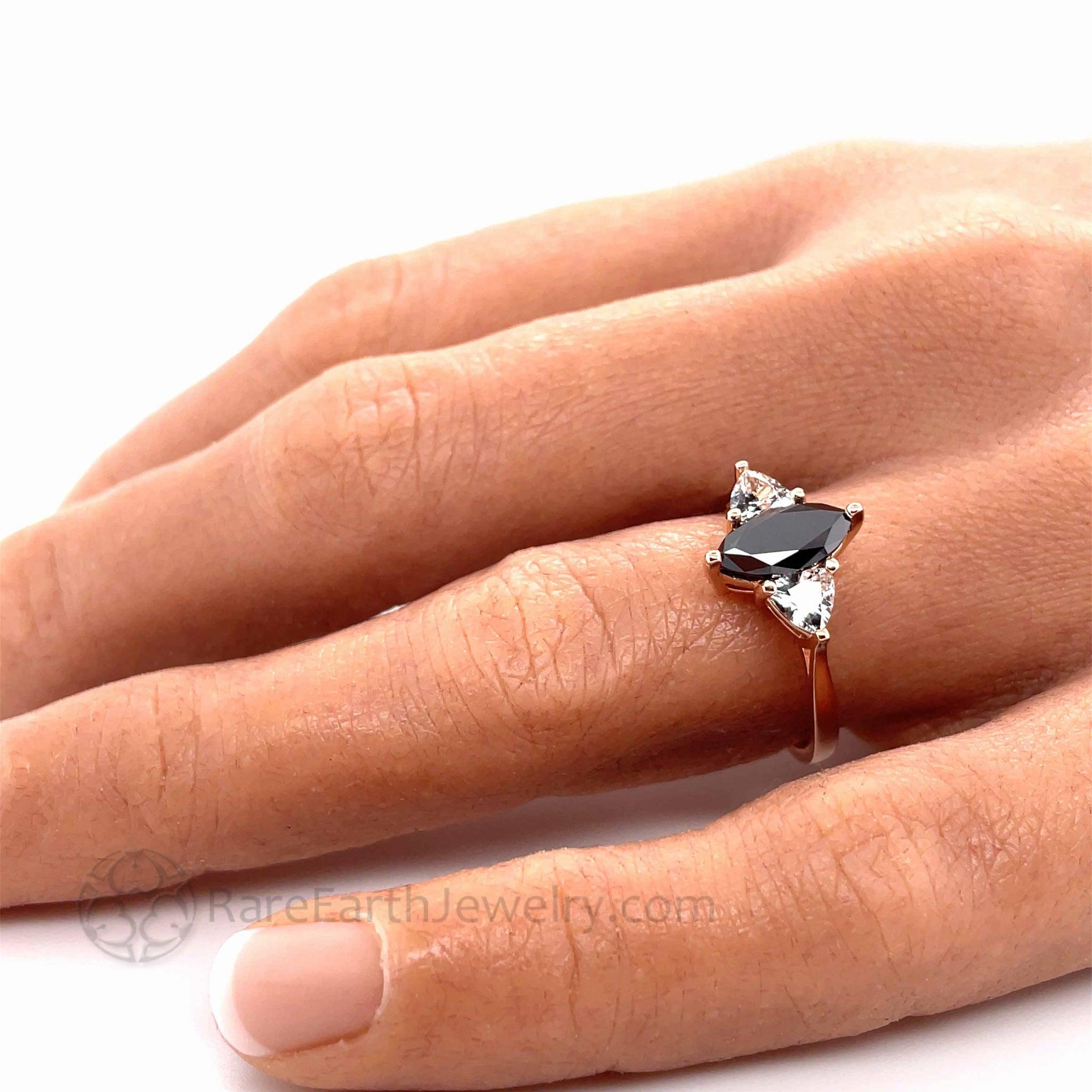 Marquise Black Diamond Engagement Ring Vintage Style 3 Stone Rare Earth Jewelry