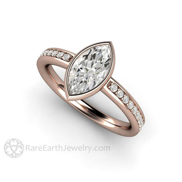 Marquise Cut Moissanite Engagement Ring Bezel Setting 14K Rose Gold - Rare Earth Jewelry