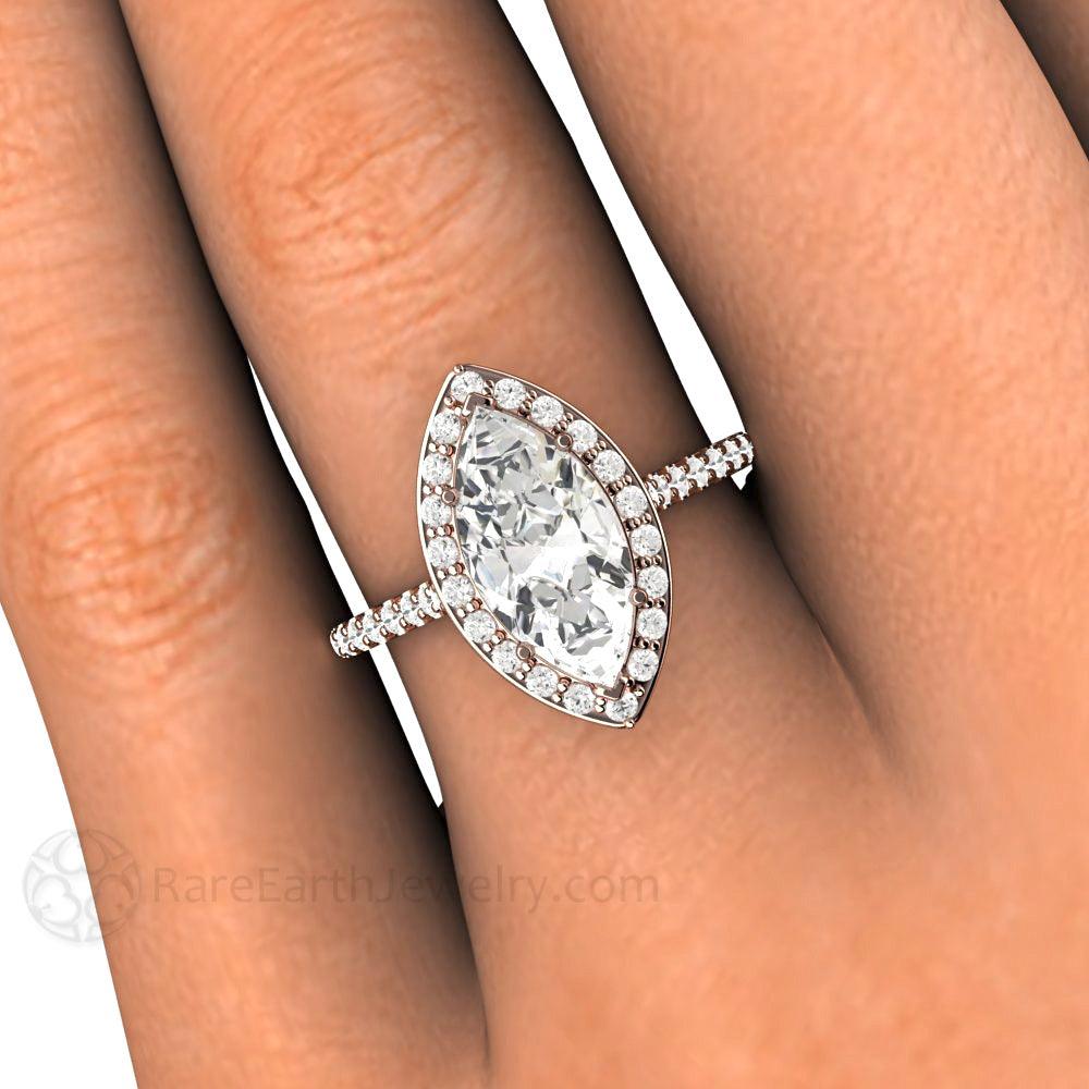 Moissanite Marquise Cut Engagement Ring Pave Diamond Halo - Rare Earth Jewelry