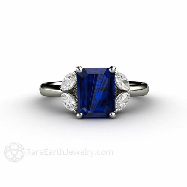 Marquise Diamond and Blue Sapphire Ring 3 Stone Engagement 18K White Gold - Rare Earth Jewelry