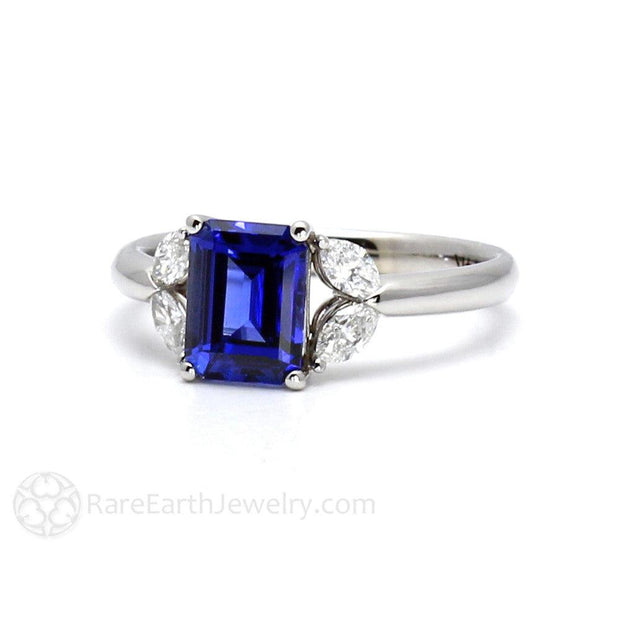 Marquise Diamond and Blue Sapphire Ring 3 Stone Engagement 14K White Gold - Rare Earth Jewelry