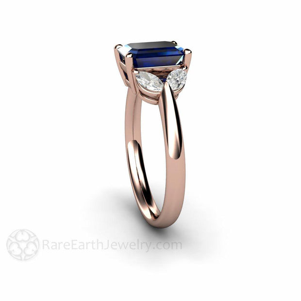 Marquise Diamond and Blue Sapphire Ring 3 Stone Engagement 18K Rose Gold - Rare Earth Jewelry
