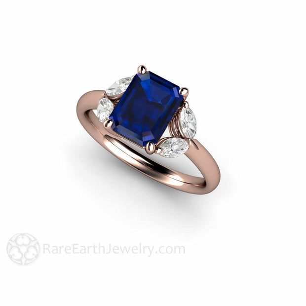 Marquise Diamond and Blue Sapphire Ring 3 Stone Engagement 14K Rose Gold - Rare Earth Jewelry