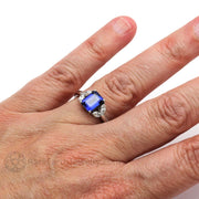 Marquise Diamond and Blue Sapphire Ring 3 Stone Engagement 14K White Gold - Rare Earth Jewelry