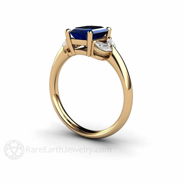 Marquise Diamond and Blue Sapphire Ring 3 Stone Engagement 18K Yellow Gold - Rare Earth Jewelry