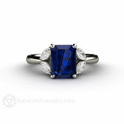 Marquise Diamond and Blue Sapphire Ring 3 Stone Engagement Platinum - Rare Earth Jewelry