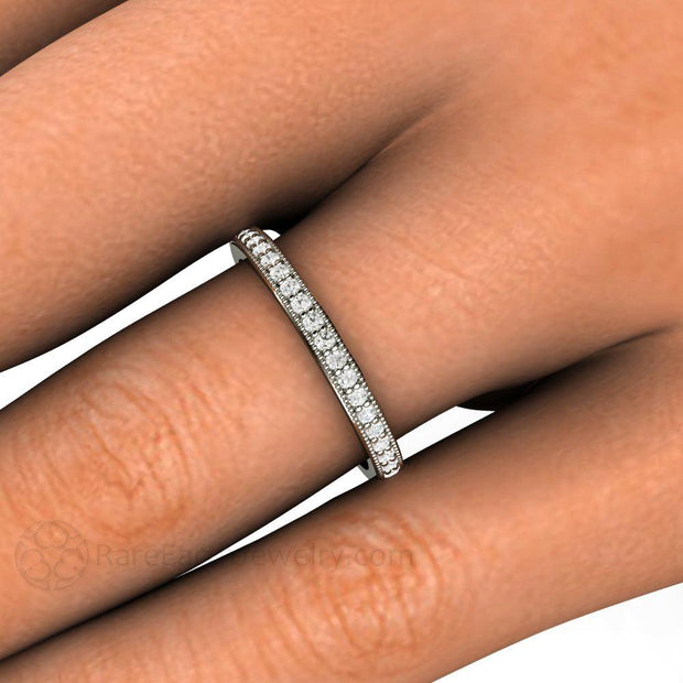 Milgrain Diamond Wedding Ring or Anniversary Band 18K White Gold - Rare Earth Jewelry