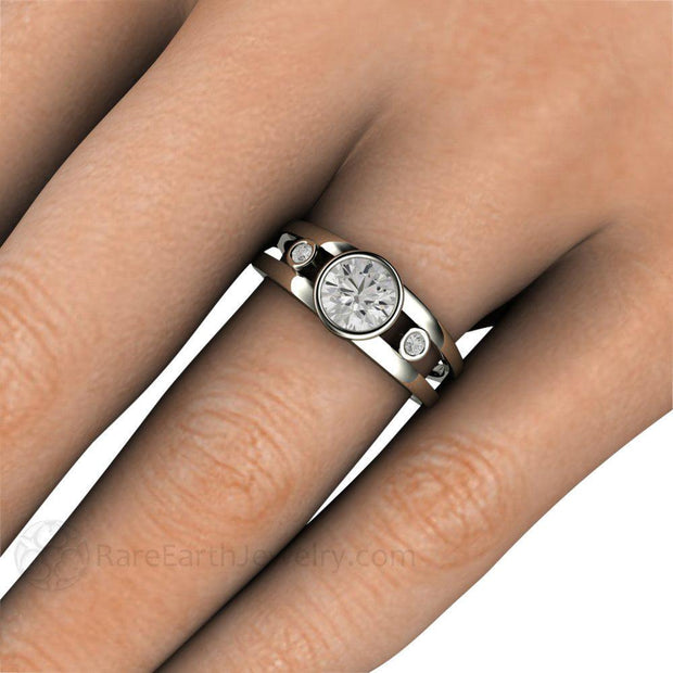 Rare Earth Jewelry 3 Stone Forever One Moissanite Ring on Finger Round Cut
