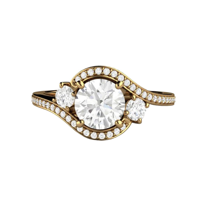 Moissanite 3 Stone Engagement Ring Split Shank Style, 18K Yellow Gold