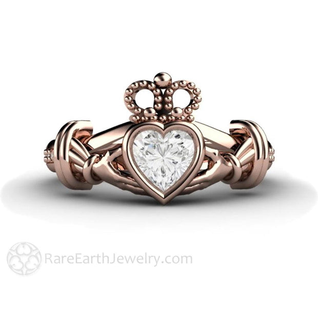 Moissanite Claddagh Ring Irish Wedding Promise or Engagement Ring 18K Rose Gold - Rare Earth Jewelry