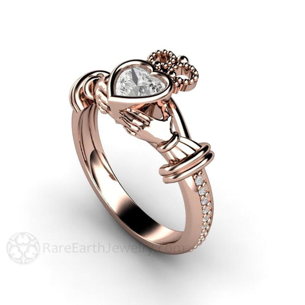 Moissanite Claddagh Ring Irish Wedding Promise or Engagement Ring 14K Rose Gold - Rare Earth Jewelry