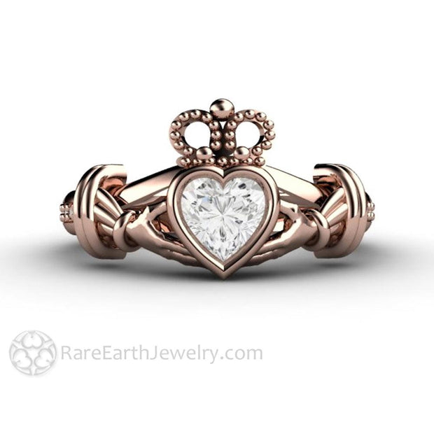 Moissanite Claddagh Ring Irish Wedding Promise or Engagement Ring 14K Rose Gold - Rare Earth Jewelry
